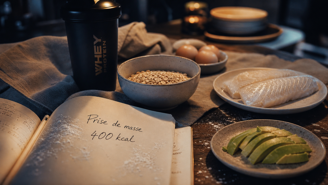 Prise de masse musculaire aliments : calcul 1,6g protéines et shaker whey
