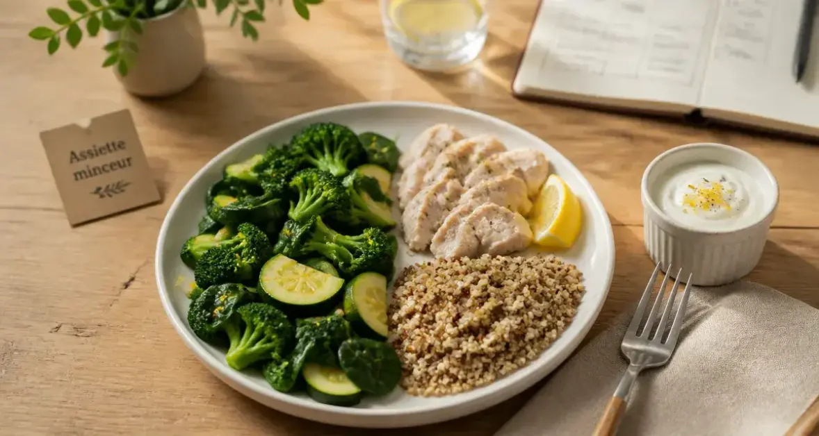Que faut il manger pour perdre du poids : assiette légumes, poulet et quinoa