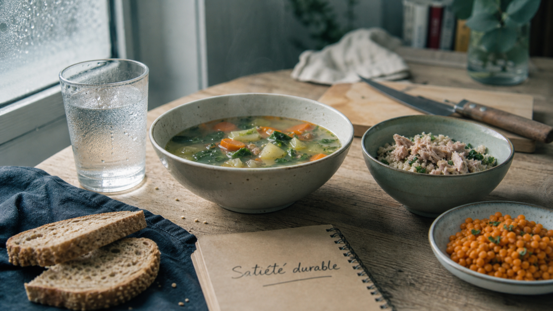 Quoi manger en régime : soupe légumes, quinoa et lentilles pour la satiété durable