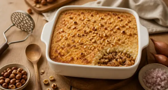 Recette 10 personnes : parmentier de canard aux noisettes