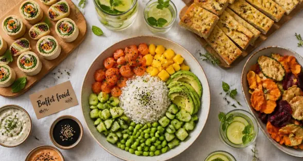 Repas froid entre amis, buffet avec poke bowl arc-en-ciel