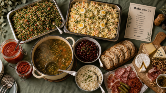 Repas pour 30 personnes : buffet salades et marmite sur table