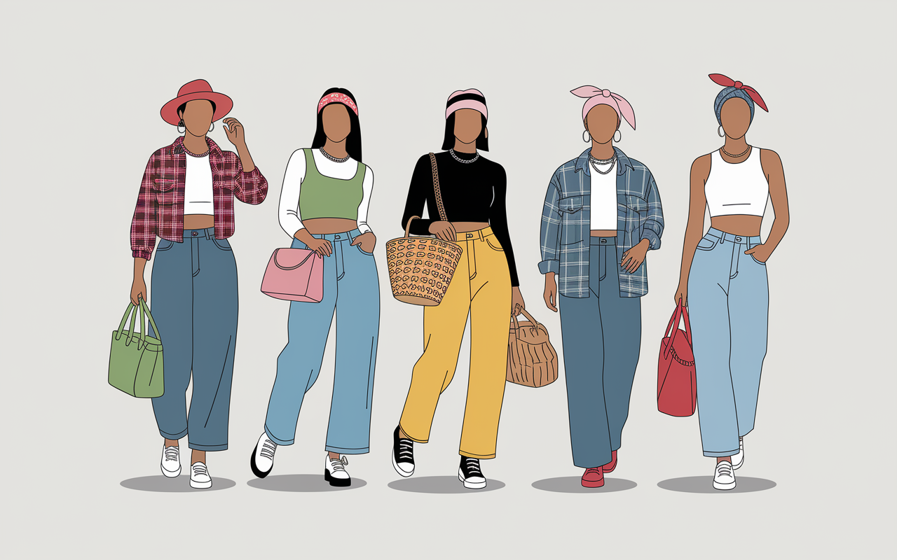 Silhouettes tenue année 90 jeans larges baskets accessoires