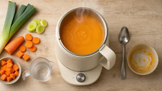 Appareil pour faire des soupe : blender chauffant rempli de soupe carotte