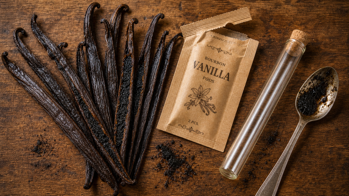 Bean vanilla : gousses de vanille Bourbon, graines noires et gousses à vérifier