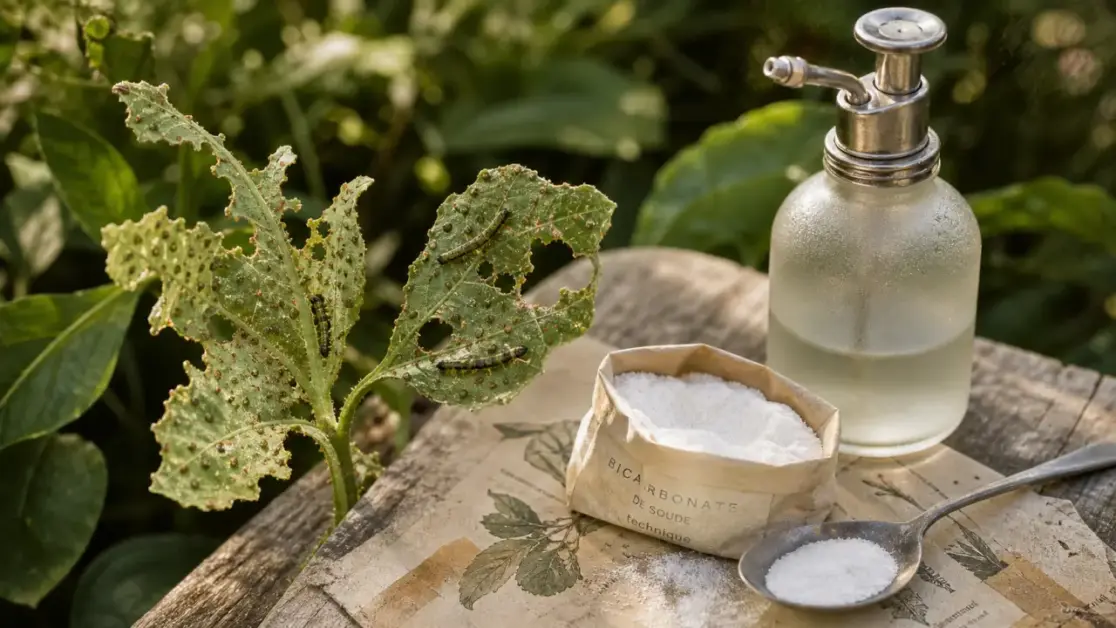 Bicarbonate pour tuer chenilles : chenilles sur feuille, pulvérisateur et bicarbonate