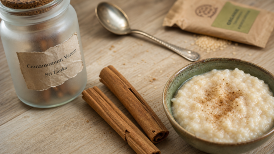 cinnamon of ceylon, cannelle de Ceylan bio en bâtons sur fond bois clair