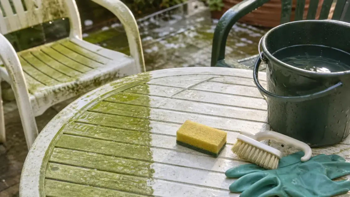 Comment raviver un salon de jardin en plastique vert, nettoyage et rinçage table et chaises