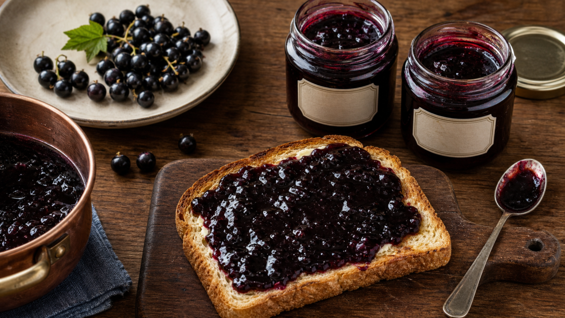 Confiture de cassis maison, pots et tartine sur table en bois