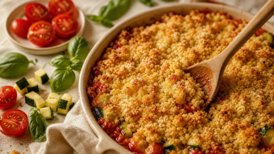 Crumble tomate courgette doré, pâte non détrempée