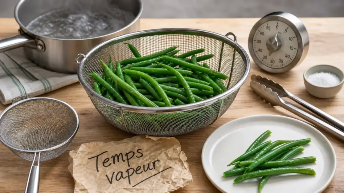 Cuisson haricot vert frais : haricots verts al dente, vapeur 6 à 12 minutes