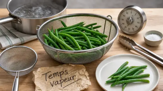 Cuisson haricot vert frais : haricots verts al dente, vapeur 6 à 12 minutes