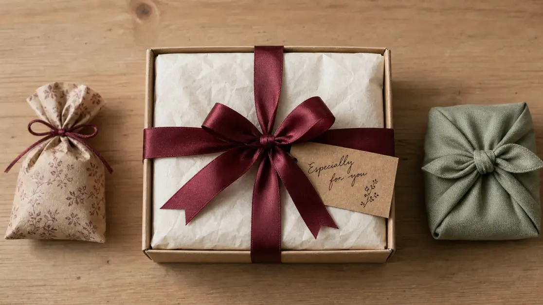 Emballage original pour cadeau : coffret ivoire et ruban bordeaux