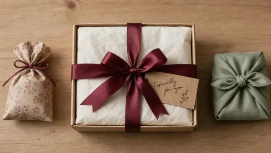 Emballage original pour cadeau : coffret ivoire et ruban bordeaux