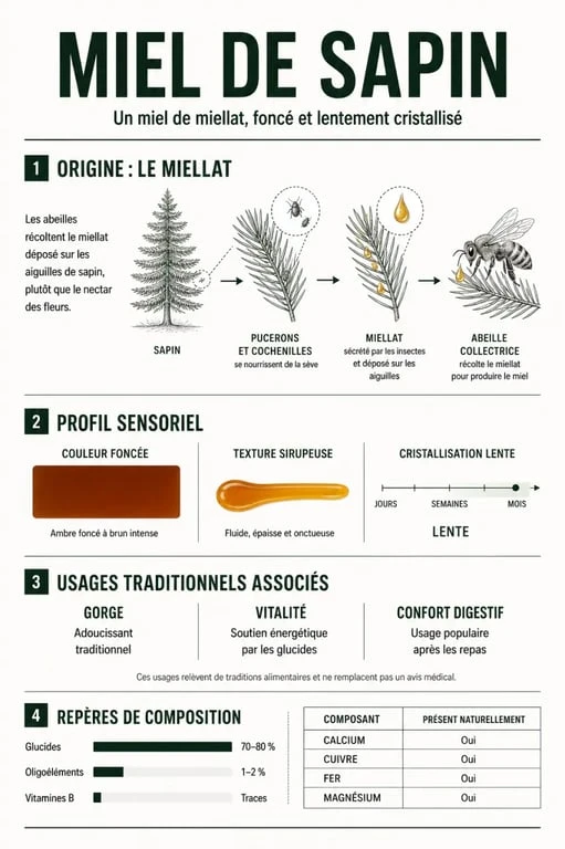 Infographie sur le miel de sapin bienfaits, sa composition, sa texture et ses usages pour la gorge et la vitalité