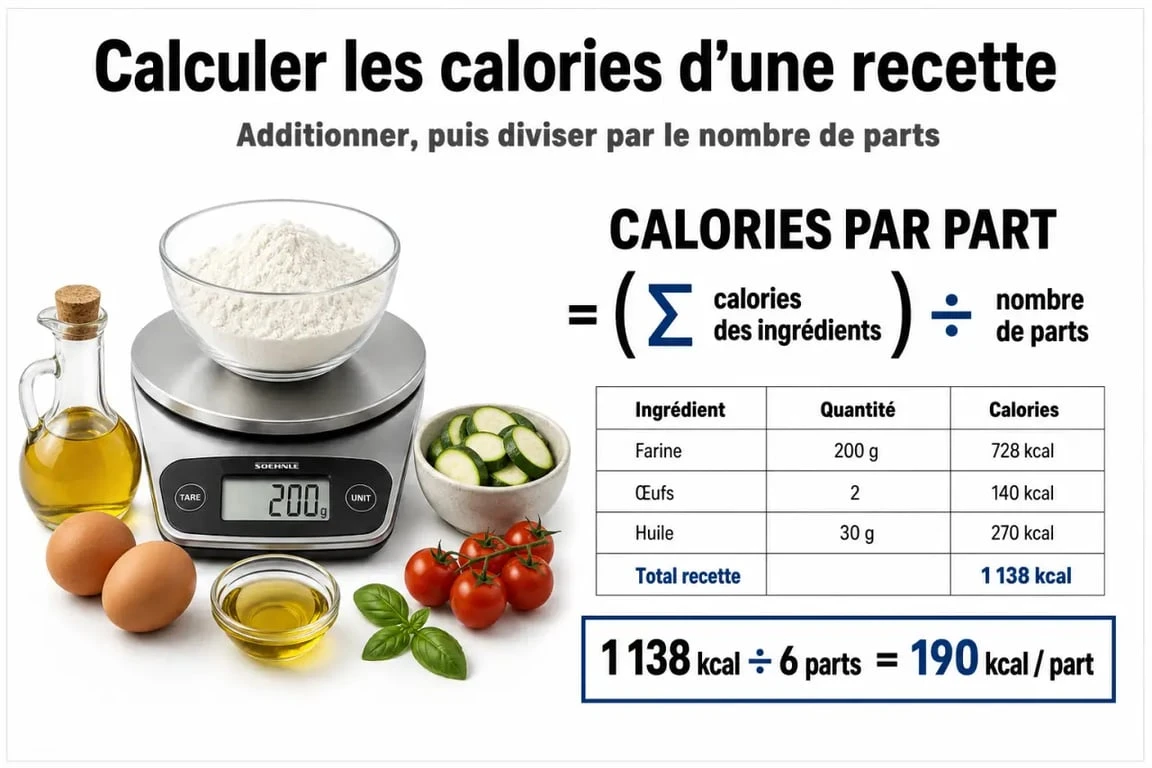 Infographie expliquant comment calculer les calories d'une recette maison étape par étape