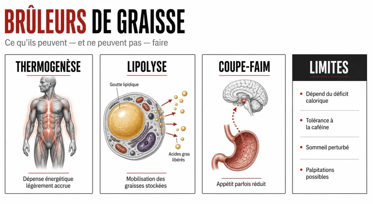 Fat burner : schéma éditorial des mécanismes thermogenèse, lipolyse et coupe-faim