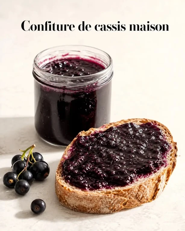 Confiture de cassis maison servie sur tartine avec petits fruits frais