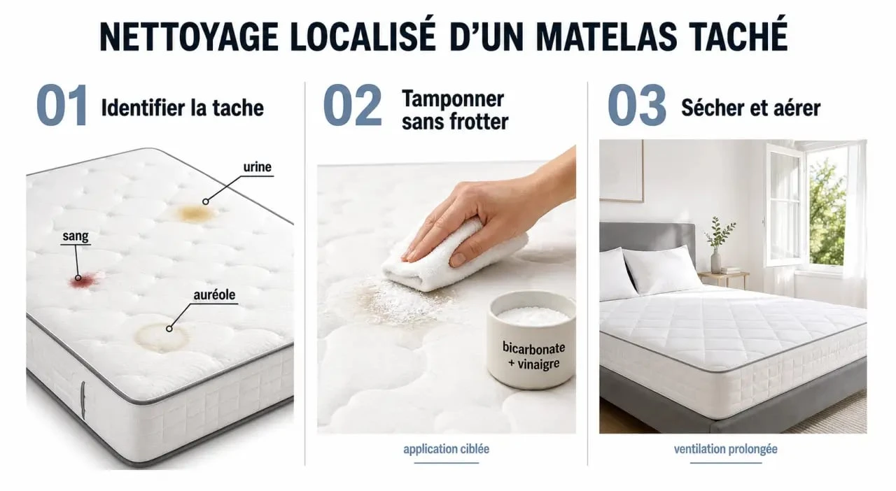 Nettoyage d un matelas taché en trois étapes : absorber, traiter puis sécher
