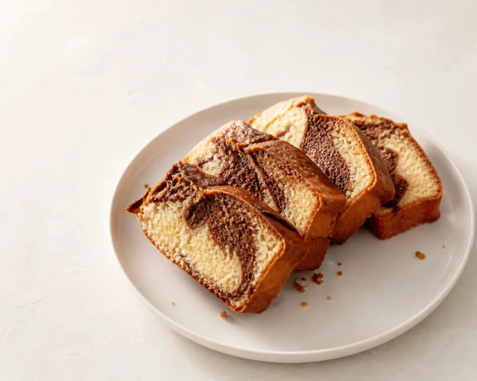 Recette gouter : gâteau au yaourt marbré moelleux et gourmand sur assiette blanche