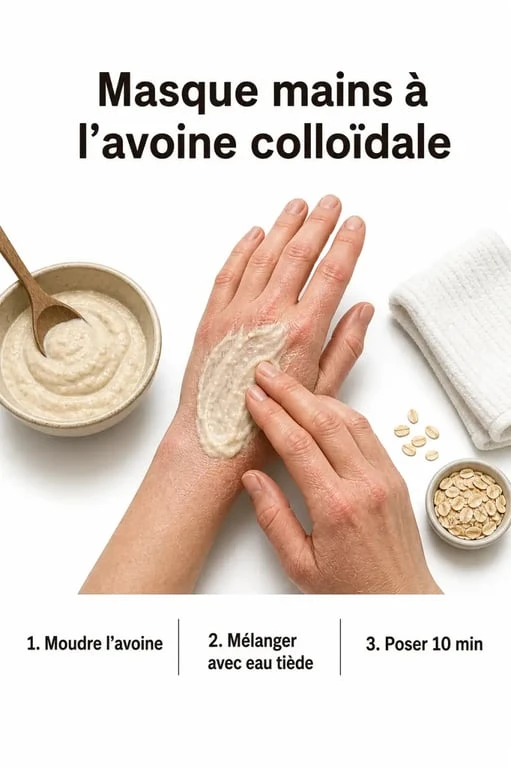Recette avoine colloidale masque mains pour apaiser des mains sèches, illustration éditoriale
