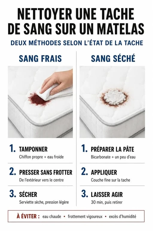 Infographie illustrant les étapes pour enlever une tache de sang sur un matelas