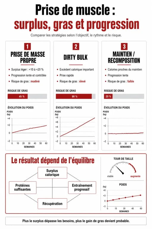 Prise de muscle manger gras : infographie comparative entre prise de masse propre et dirty bulk