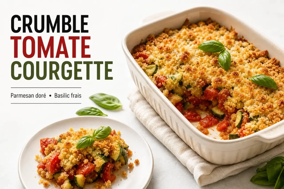Crumble tomate courgette doré et croustillant servi dans un plat à gratin