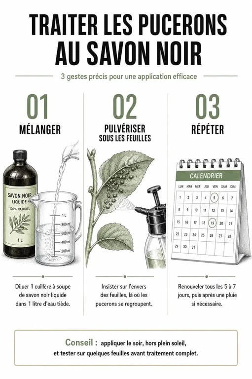 Infographie illustrant les étapes d'utilisation du savon noir contre les pucerons sur les plantes