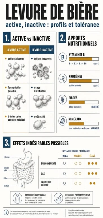 Levure de bière : bienfaits et méfaits — infographie comparative sur la levure active et inactive, ses apports nutritionnels et ses effets indésirables