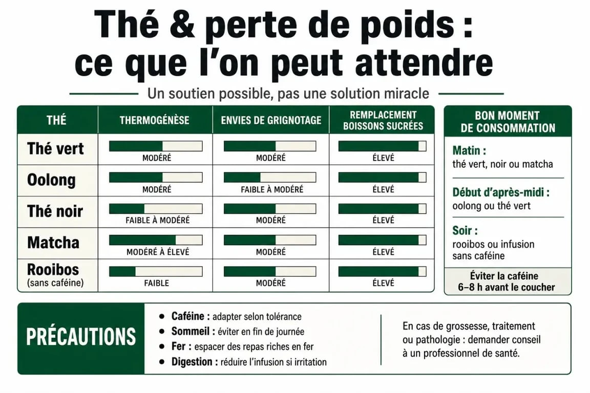 Infographie sur le thé pour maigrir, types de thé et précautions