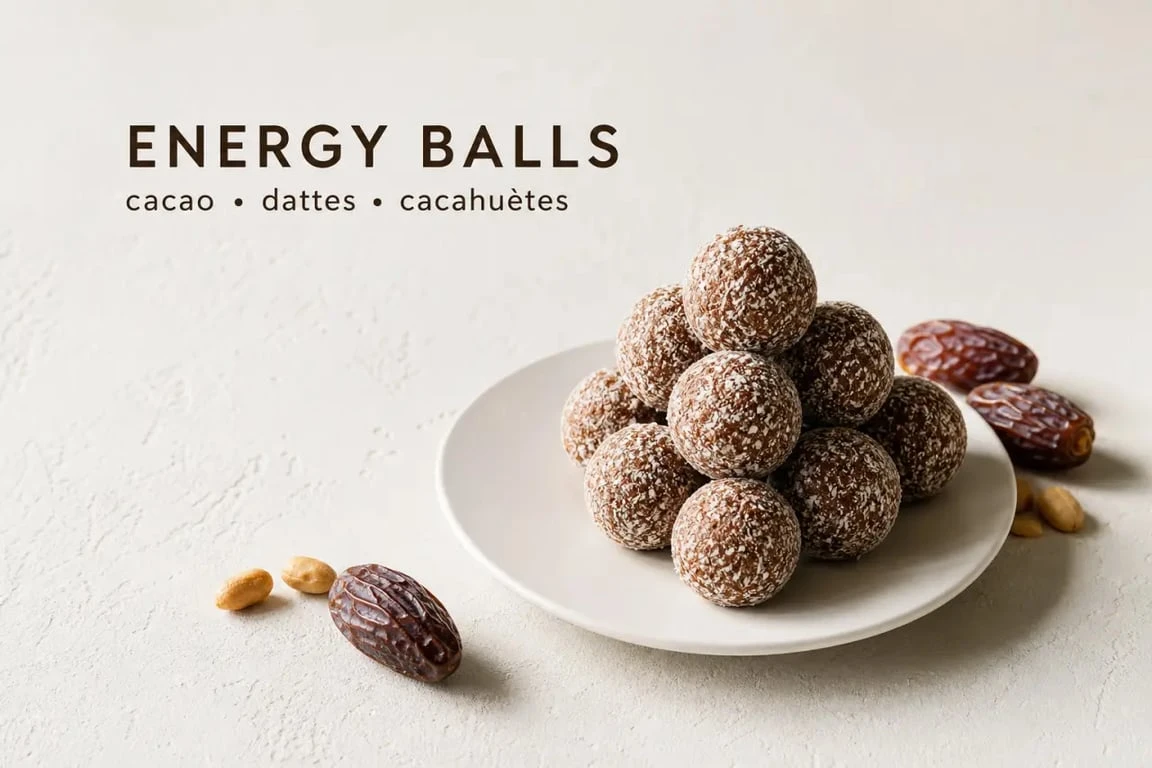 Energy balls cacao, dattes et cacahuètes sur une assiette pour illustrer la recette d'energy balls