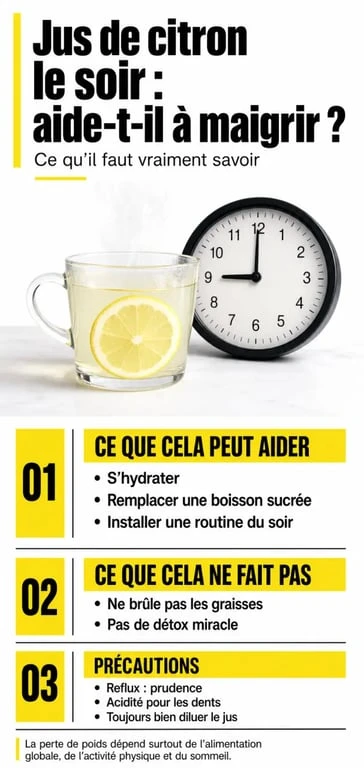 Infographie sur le jus de citron le soir pour maigrir avec bénéfices, limites et précautions