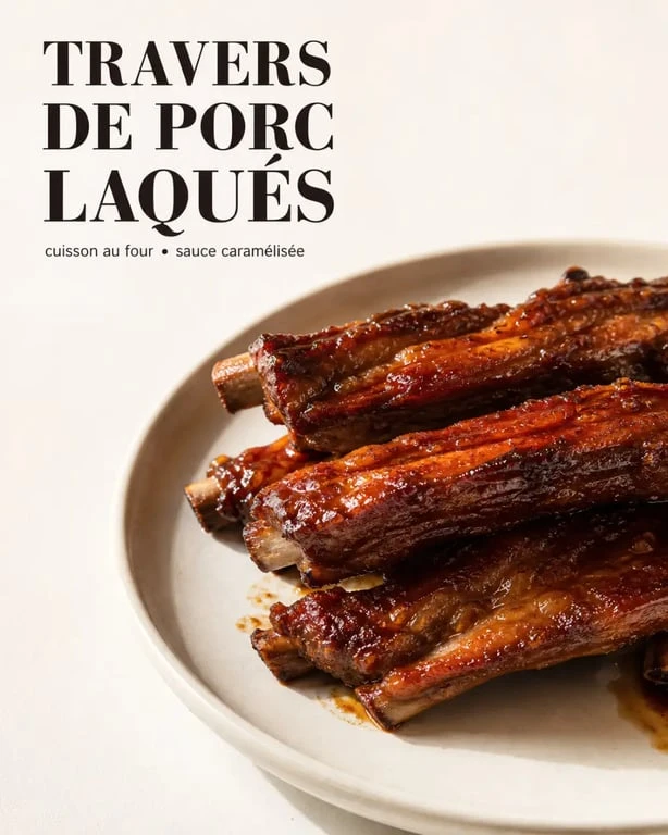 Travers de porc four caramélisés et laqués sur assiette, recette gourmande