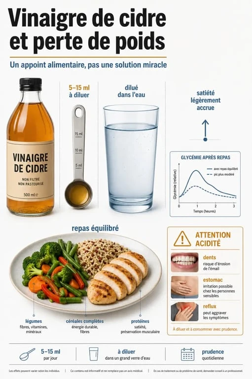 Infographie sur le régime et vinaigre de cidre, doses, effets et précautions