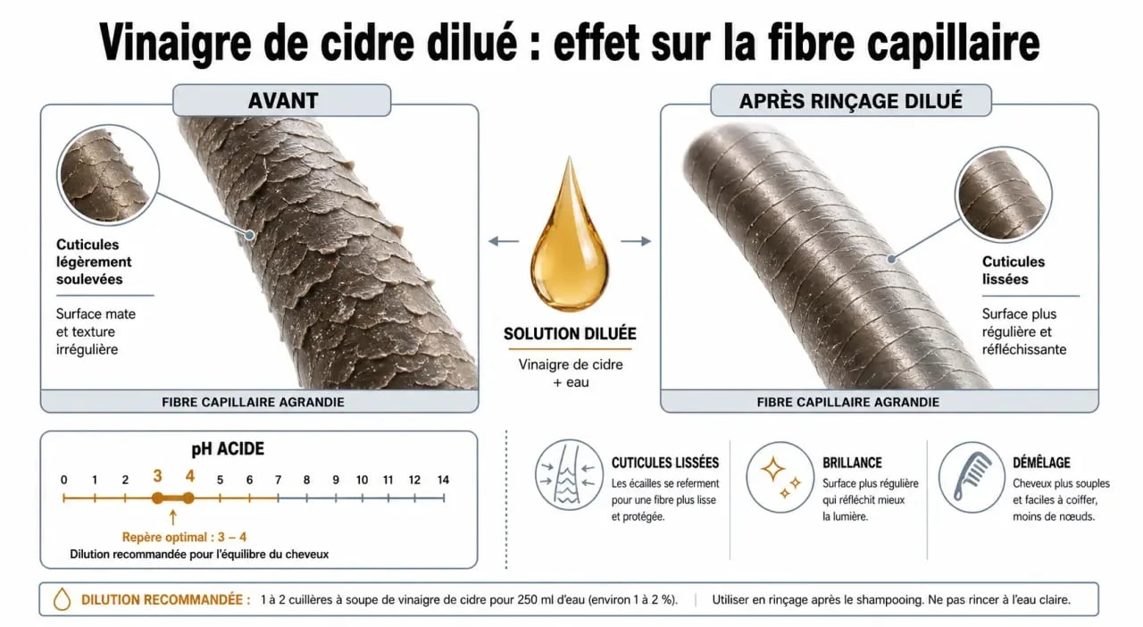 Vinaigre de cidre et cheveux : schéma des effets sur la brillance, les cuticules et le cuir chevelu
