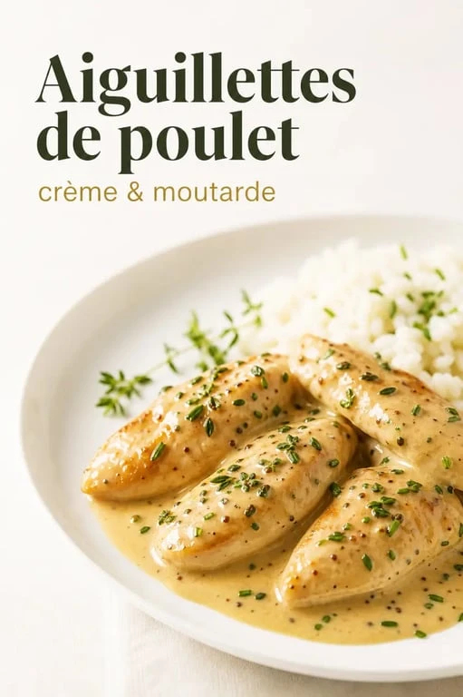 Recette d'aiguillettes de poulet à la crème et moutarde servies en assiette avec sauce nappante