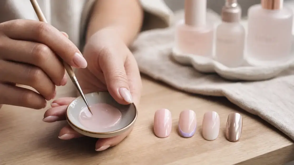 Idee ongle semi permanent nude glossy french twist pastel chrome