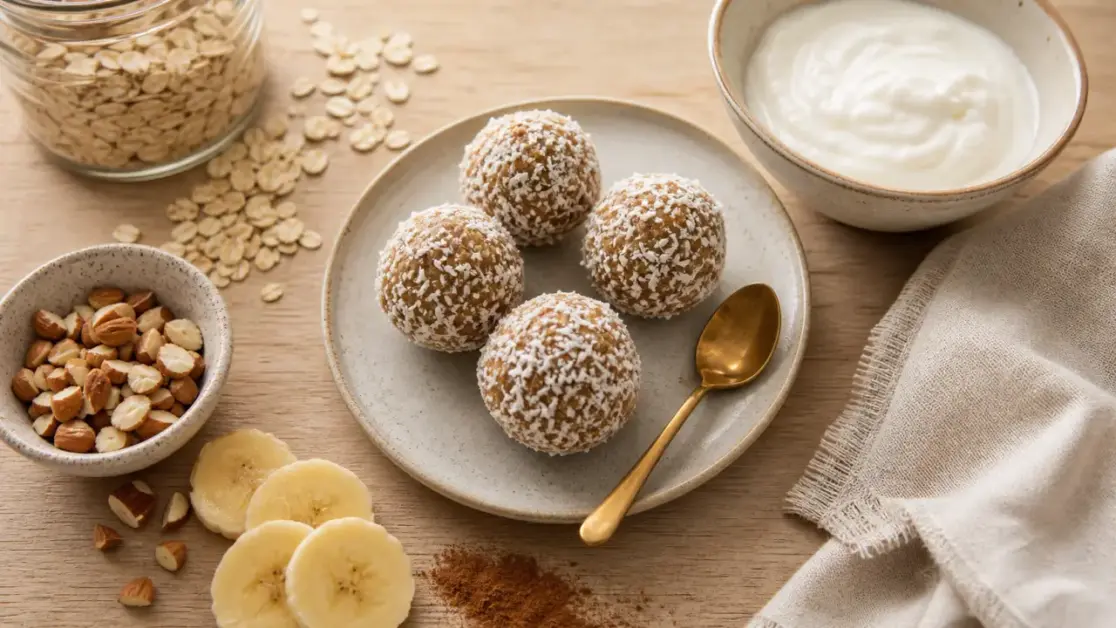 Idées de collations saines : energy balls banane-amande et skyr