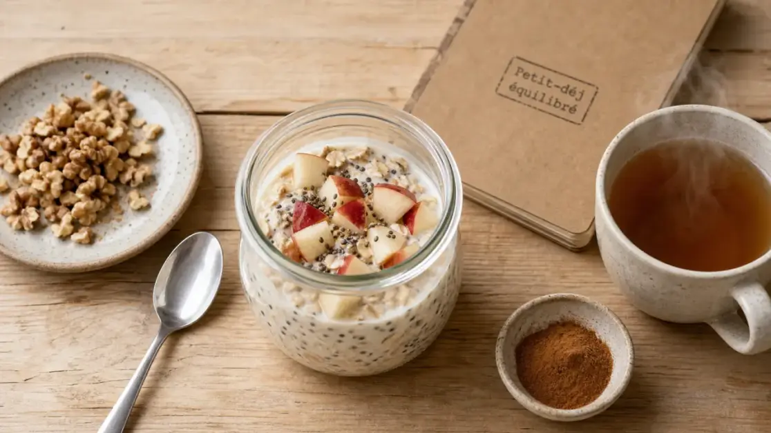 Idées de petit-déjeuner équilibré : overnight oats au skyr, chia et pomme