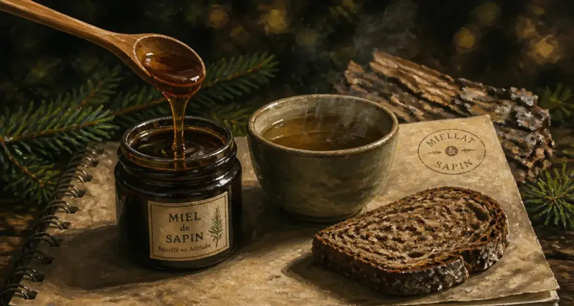 Miel de sapin bienfaits : pot en verre et infusion tiède, gorge apaisée