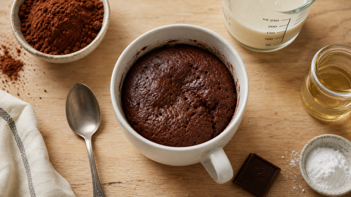 Mug cake sans oeuf moelleux au micro-ondes en 2 minutes, chocolat dans un mug