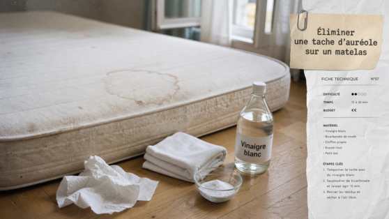 Nettoyage d un matelas taché : vinaigre blanc et bicarbonate sur matelas beige