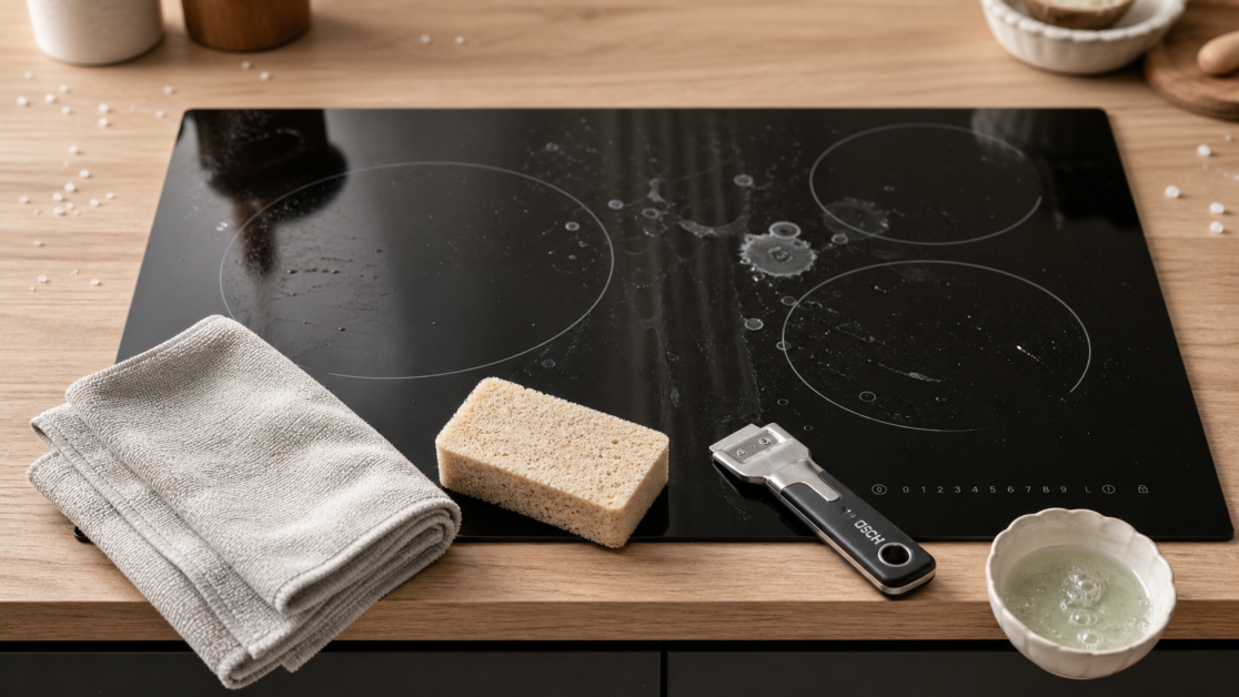 Nettoyer plaque induction : microfibre, éponge non abrasive et taches de graisse