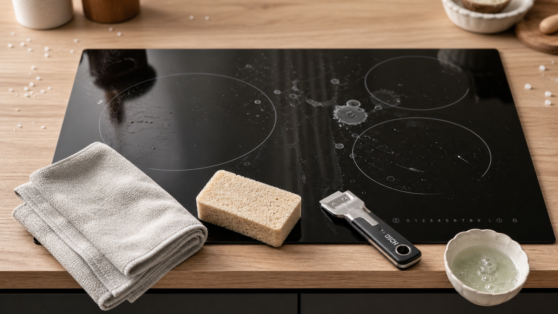 Nettoyer plaque induction : microfibre, éponge non abrasive et taches de graisse