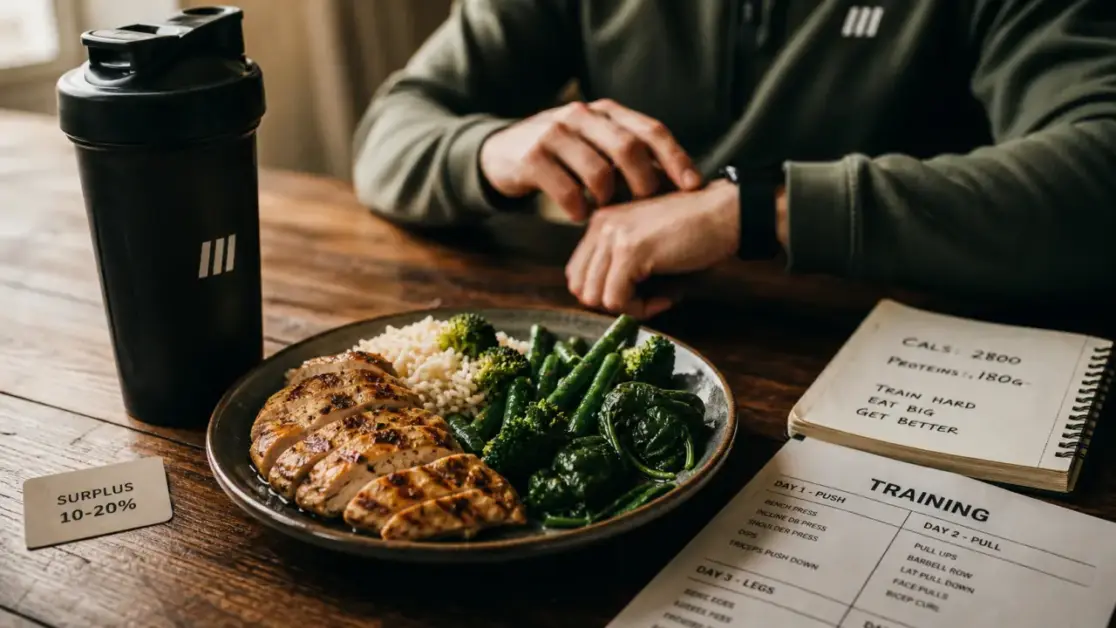 Prise de muscle : manger gras avec surplus 10-20% et protéines, assiette lean bulk