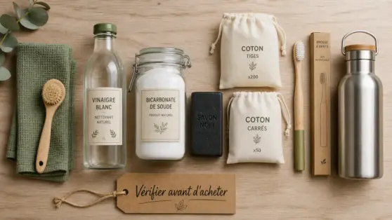 Produits écologiques maison et salle de bain : vinaigre, savon noir, bicarbonate