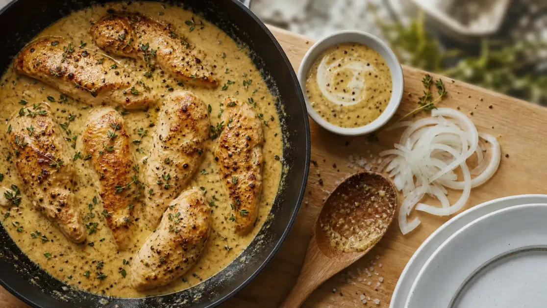 Recette d'aiguillettes de poulet à la crème et moutarde, en 20 minutes, sauce onctueuse