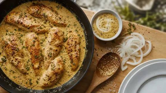 Recette d'aiguillettes de poulet à la crème et moutarde, en 20 minutes, sauce onctueuse