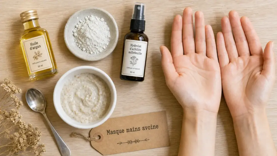 Recette avoine colloidale masque mains : bol et mains sèches